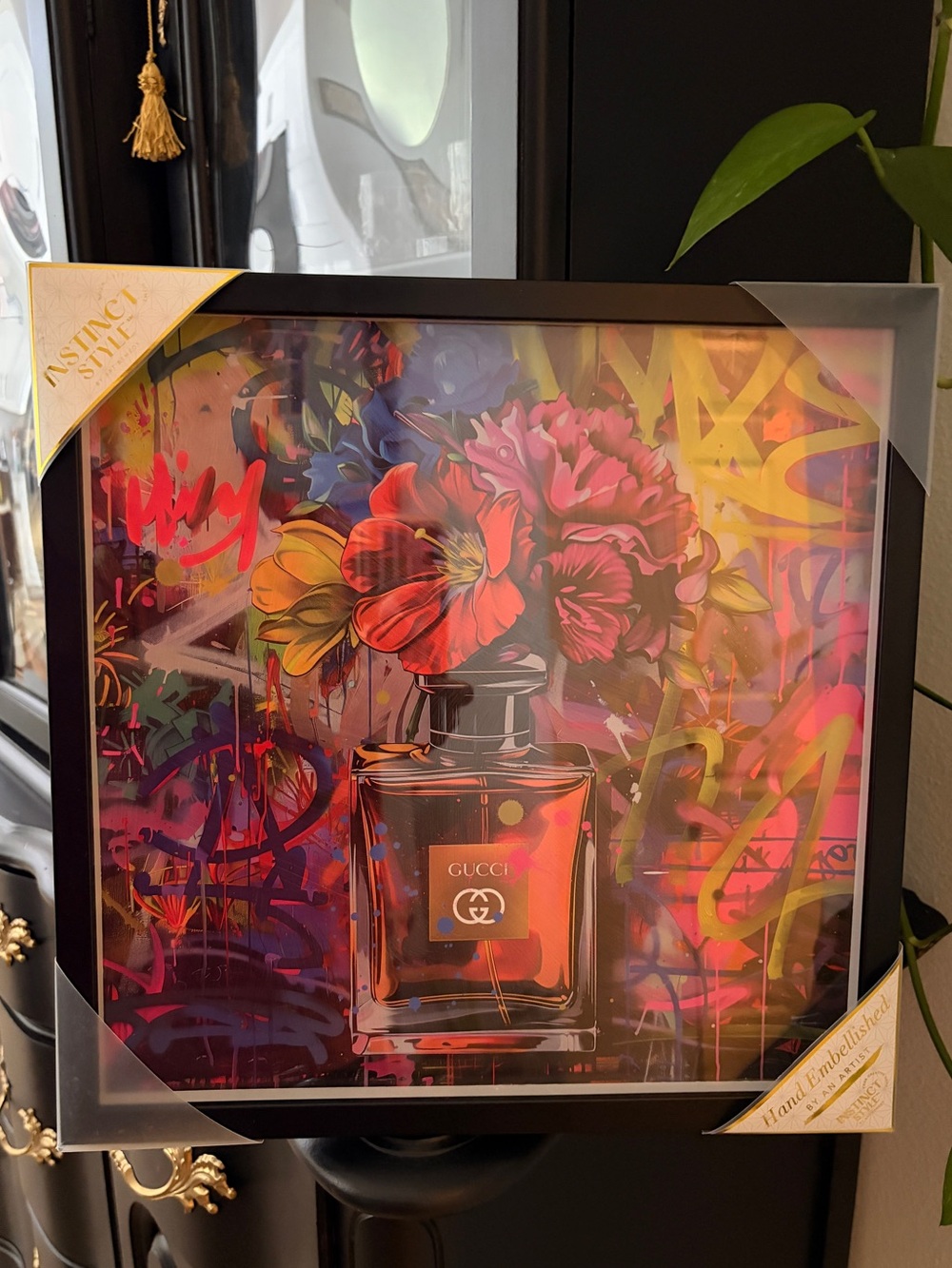 Fashion Gucci Floral Perfume Bottle Wall Graffiti Art - black framed- 14” x 14”